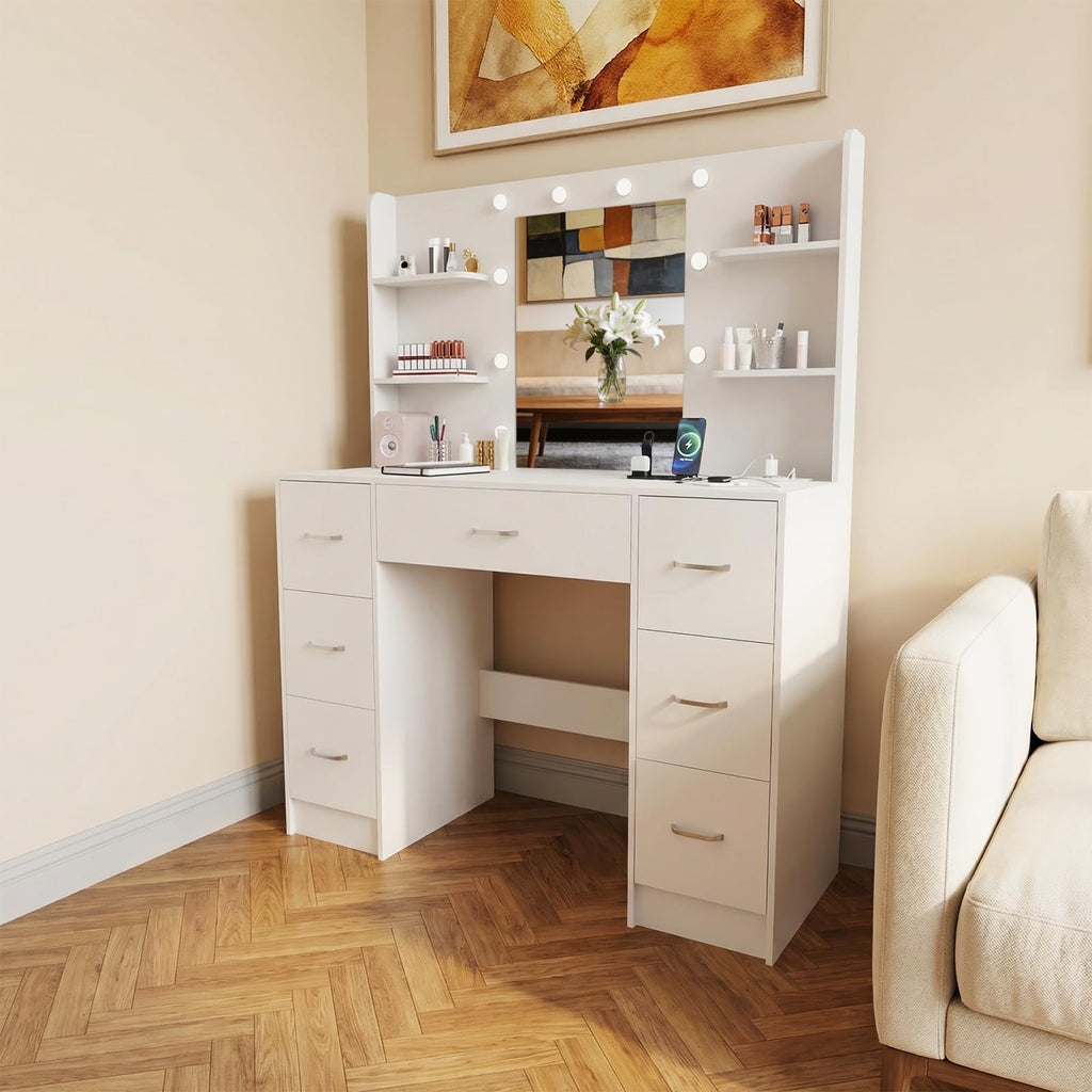 Large White Vanity Desk with LED Lighted Mirror & 7 Drawers F176