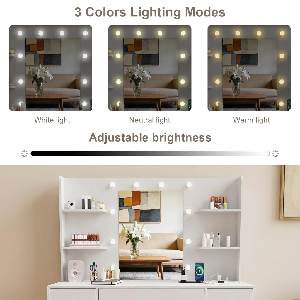 Large White Vanity Desk with LED Lighted Mirror & 7 Drawers F176