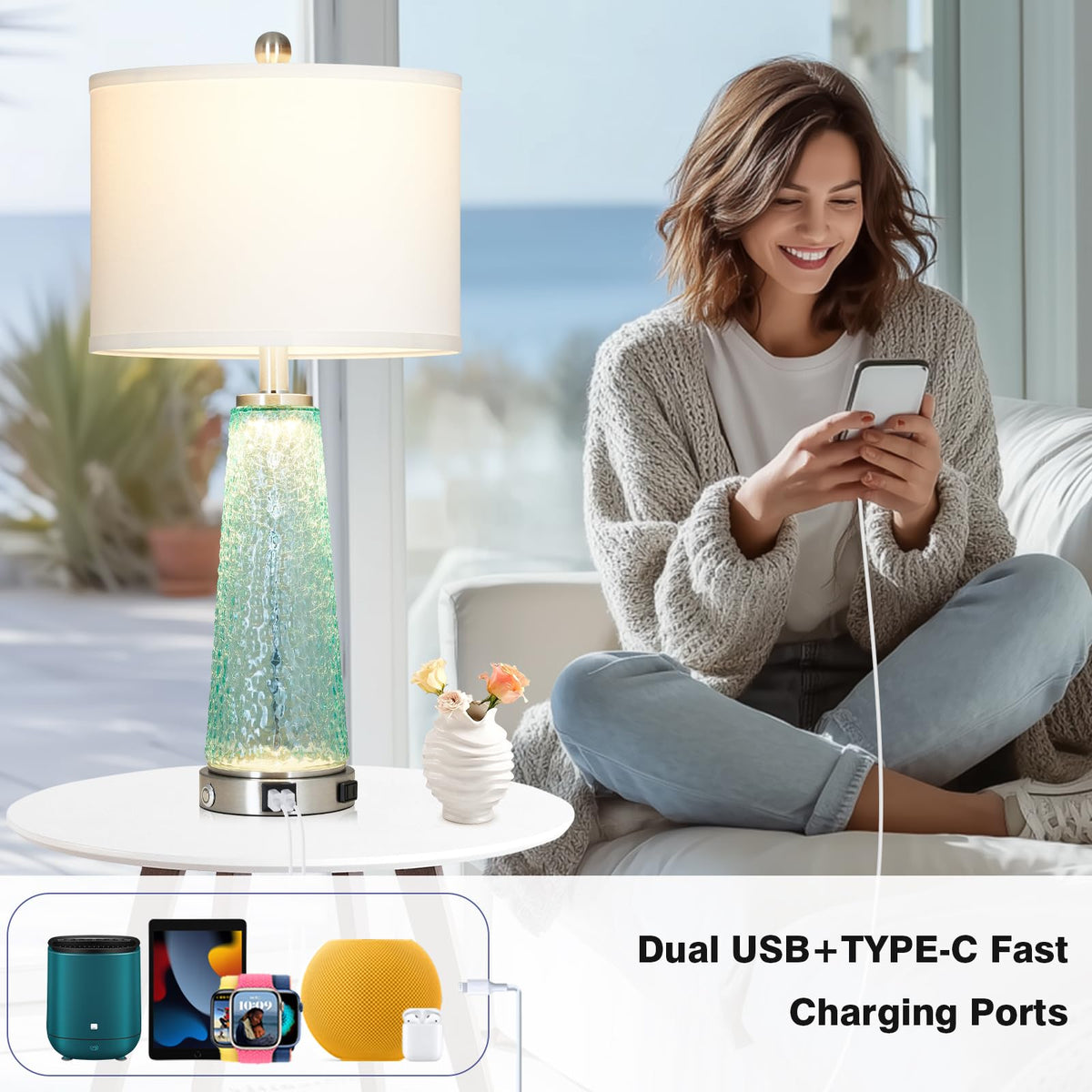 26" Glass Table Lamps with USB A+C Ports & Outlet V754454