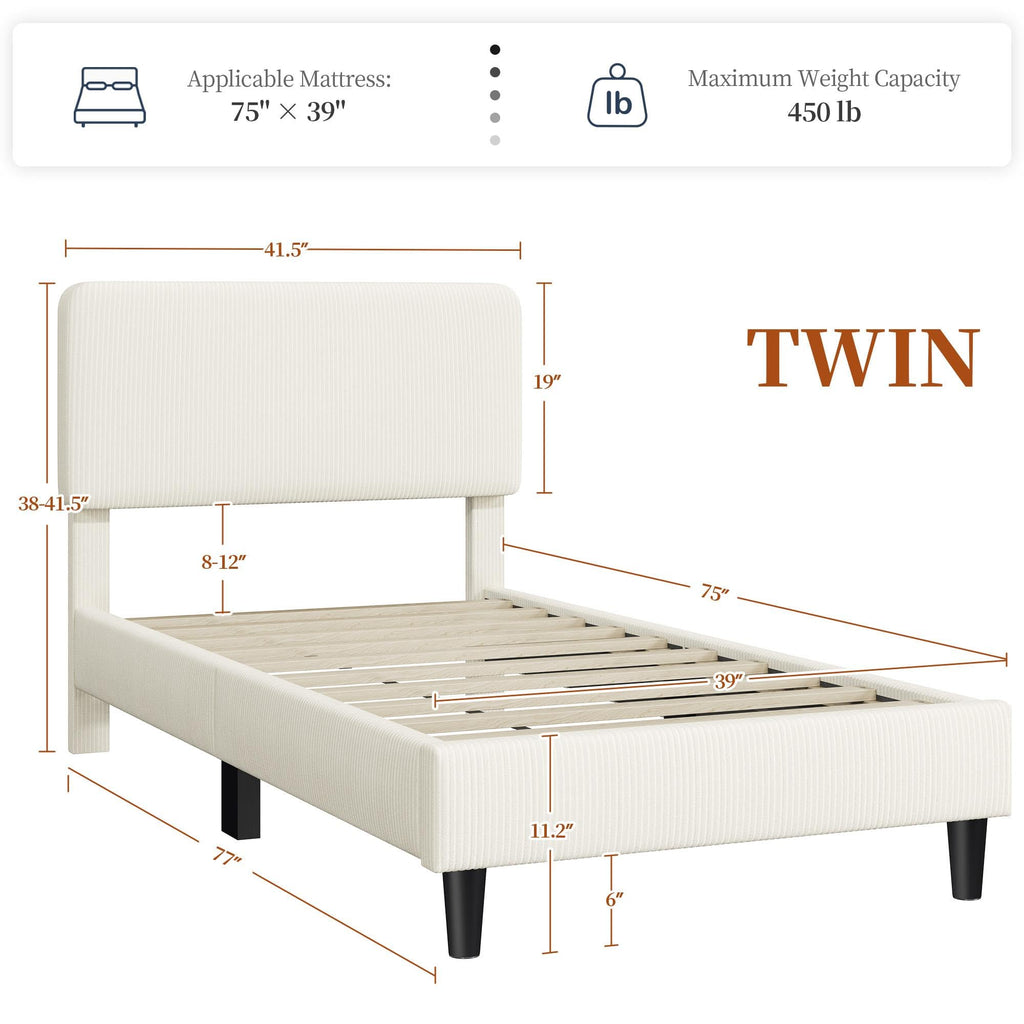 Twin Bed Frame with Adjustable Chenille Upholstered Headboard, Beige K6410