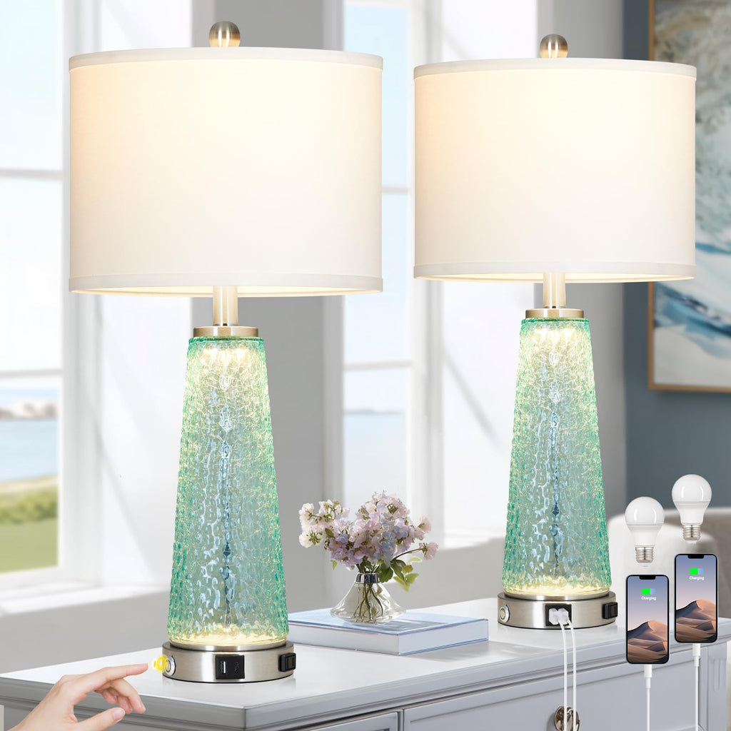 26" Glass Table Lamps with USB A+C Ports & Outlet V754454