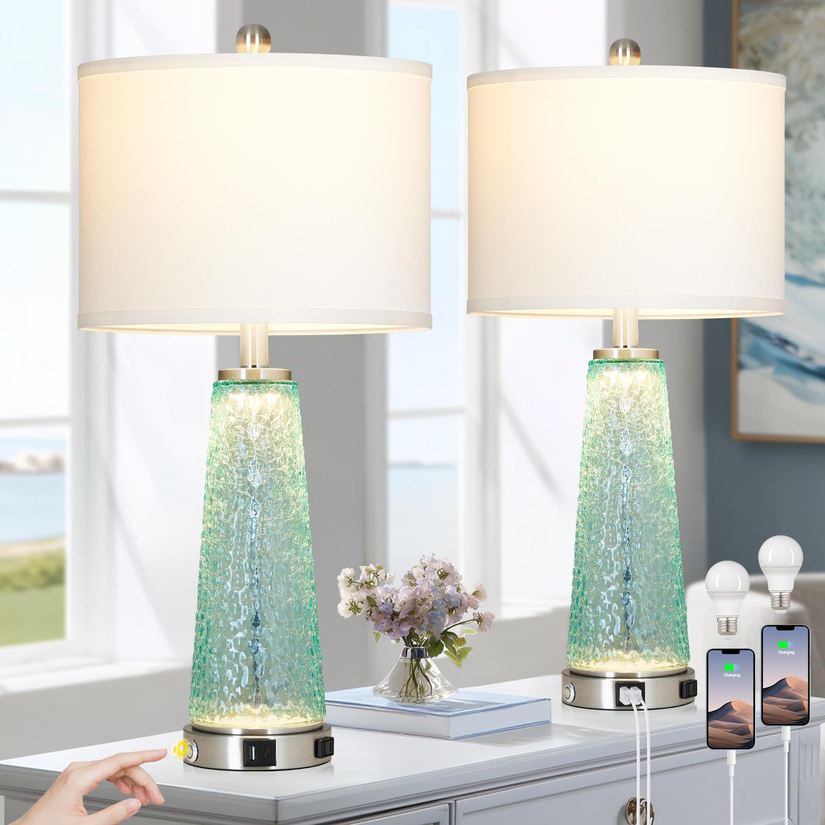 26" Glass Table Lamps with USB A+C Ports & Outlet V754454