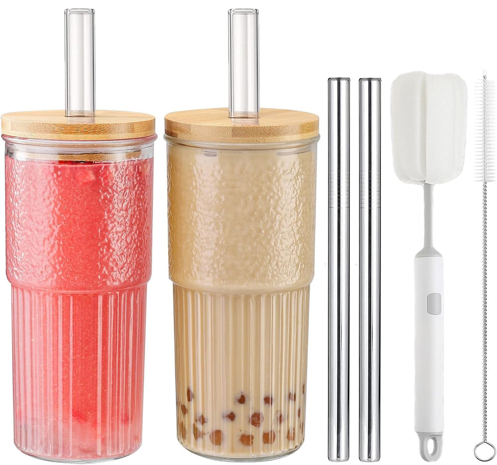 22oz Glass Cups Set with Bamboo Lids and Straws U15161