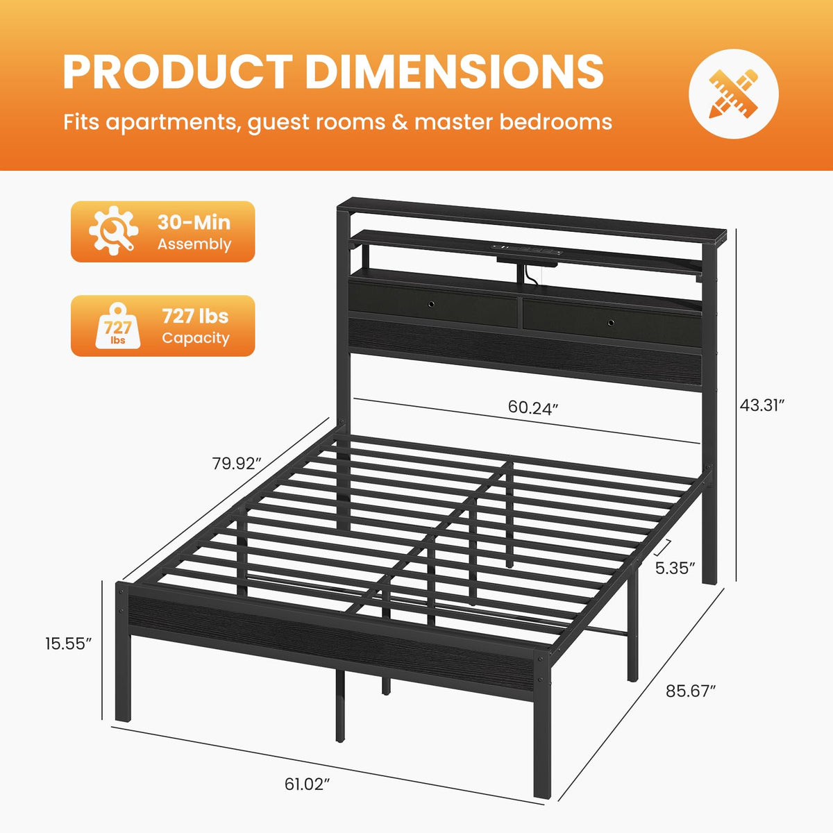 Queen Bed Frame with LED Lights and Charging Station M209