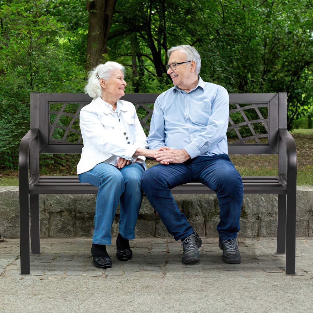 Black Metal Outdoor Patio Bench with Armrests X349298