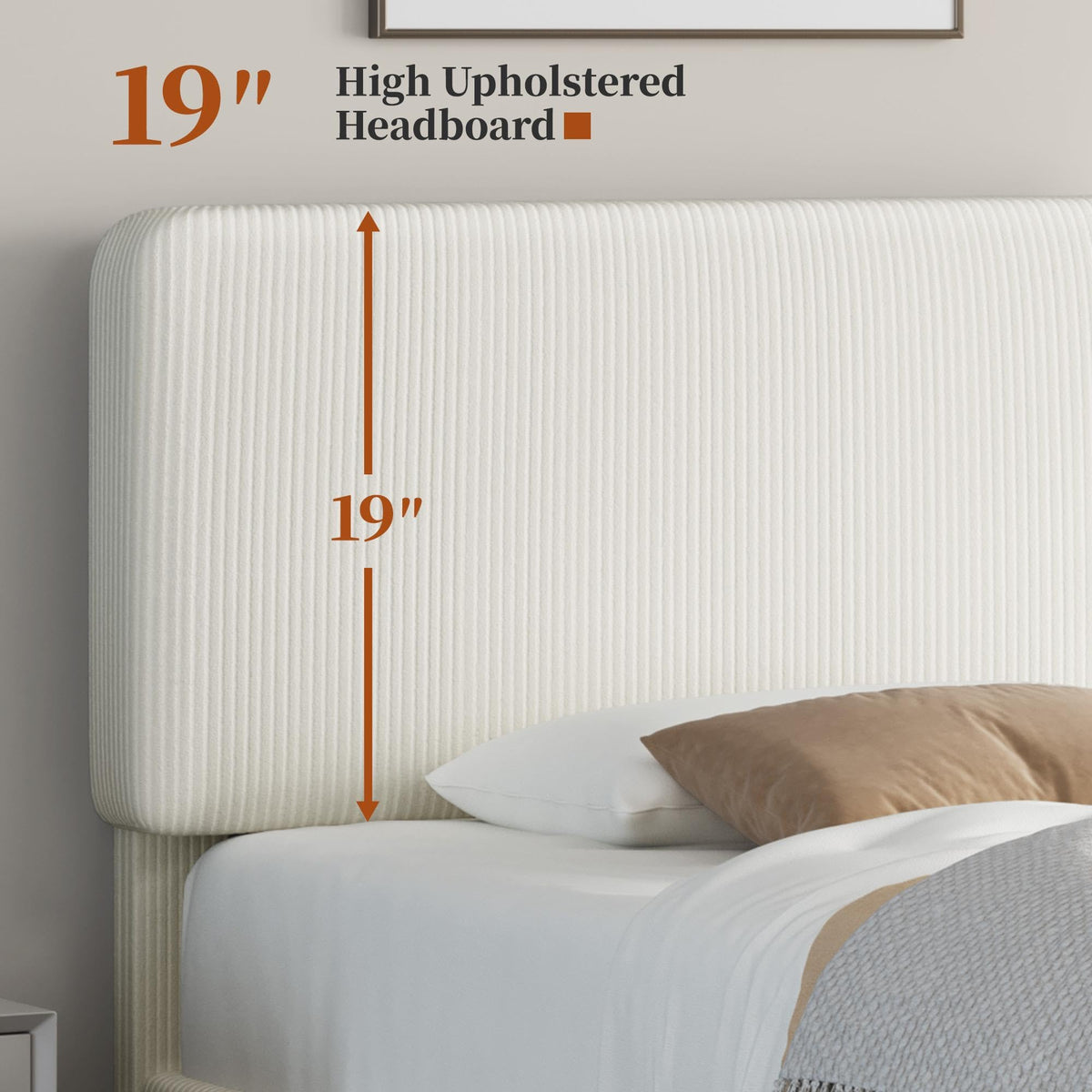 Twin Bed Frame with Adjustable Chenille Upholstered Headboard, Beige K6410