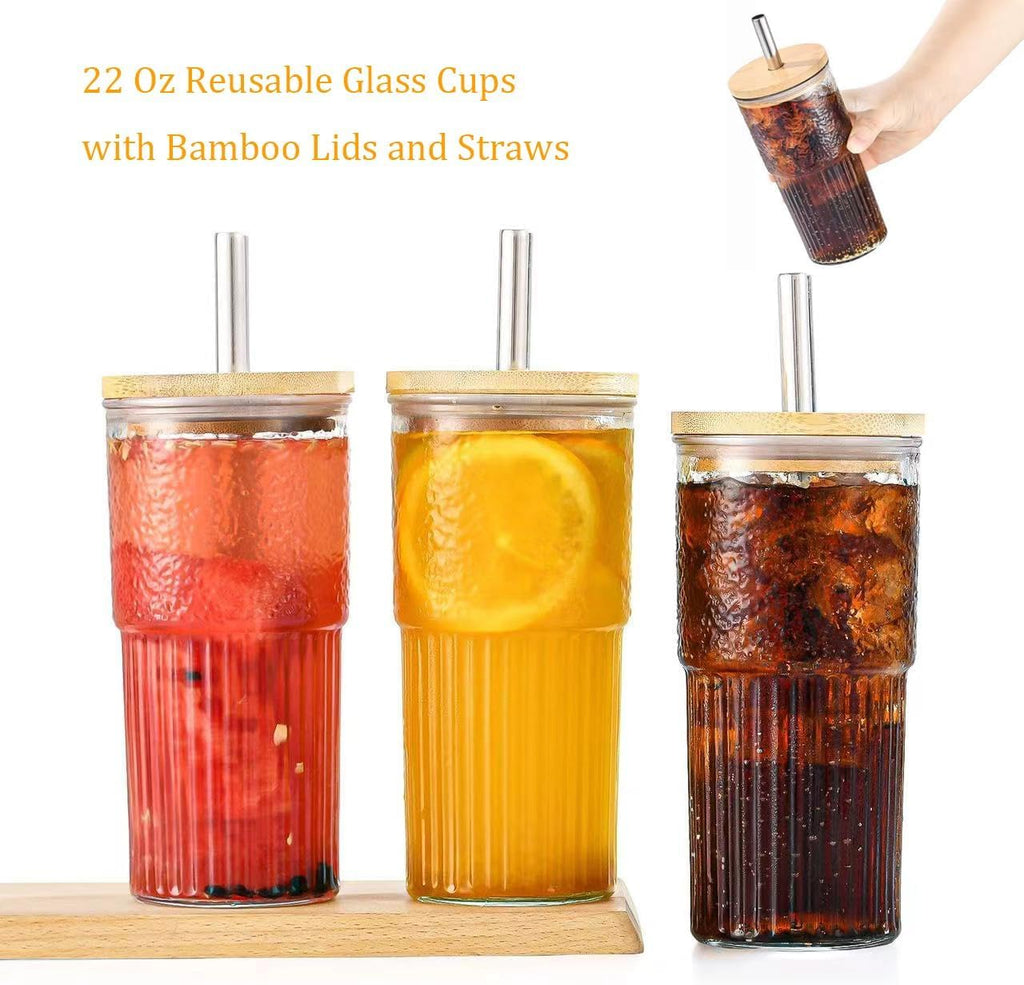 22oz Glass Cups Set with Bamboo Lids and Straws U15161