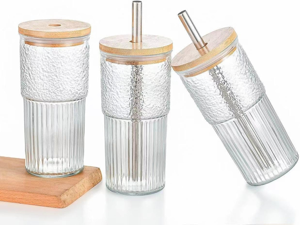 22oz Glass Cups Set with Bamboo Lids and Straws U15161