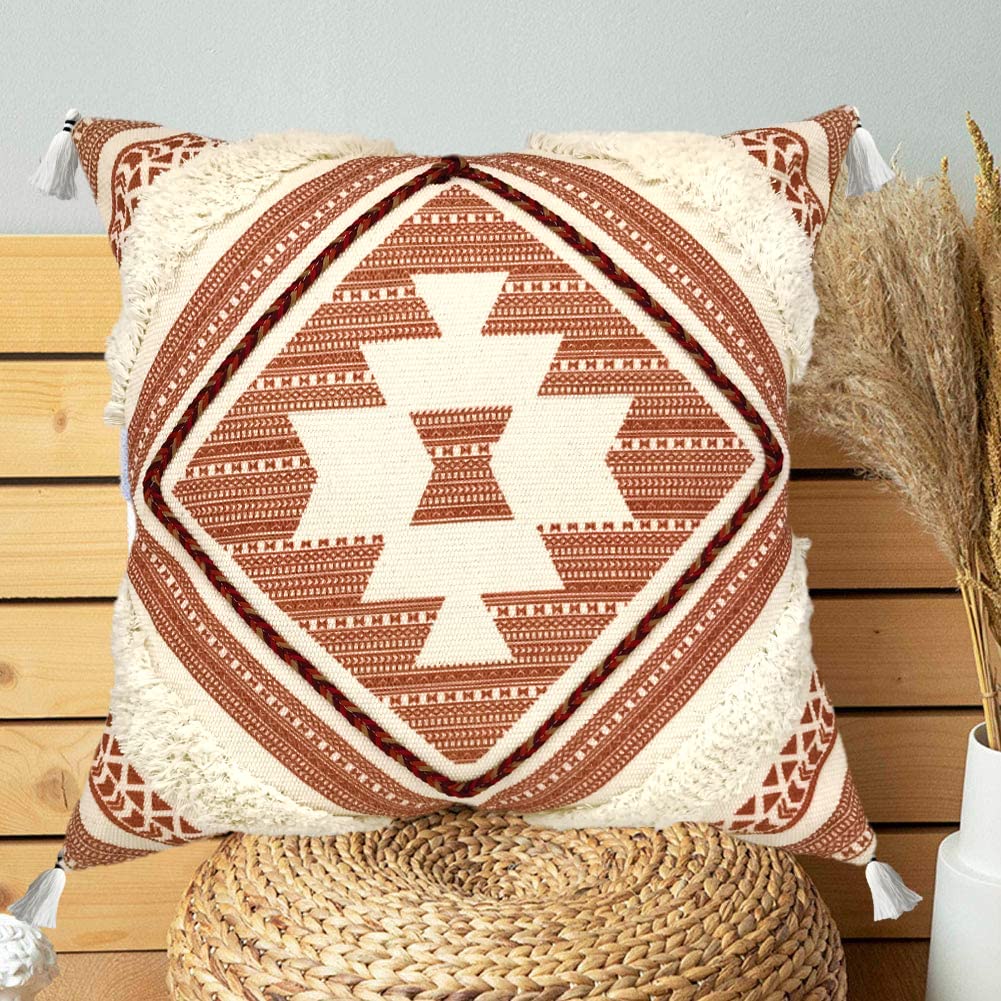 Boho Decorative Throw Pillow Cover with Tassels Fringe 18''x18'' B8706