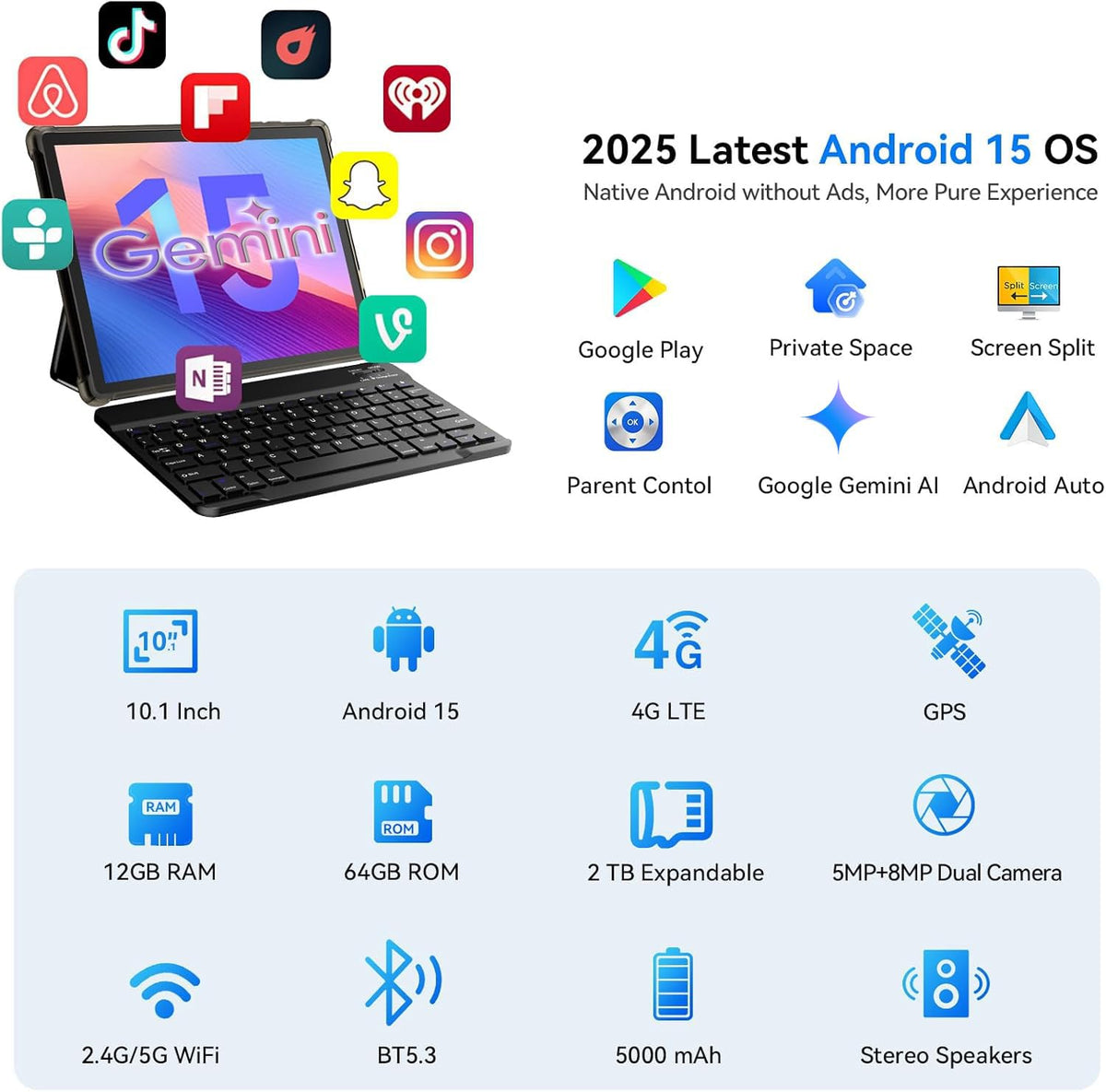 10 inch 2-in-1 Android 15 Tablet with Keyboard, Mouse, and Case, 4G LTE, 12GB RAM + 64GB ROM, Octa-Core, IPS Display, 5G Wi-Fi, GPS, Bluetooth F2035
