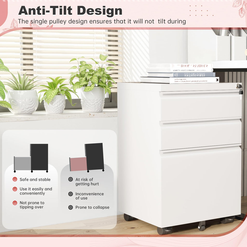 White 3 Drawer Metal Rolling File Cabinet T826315