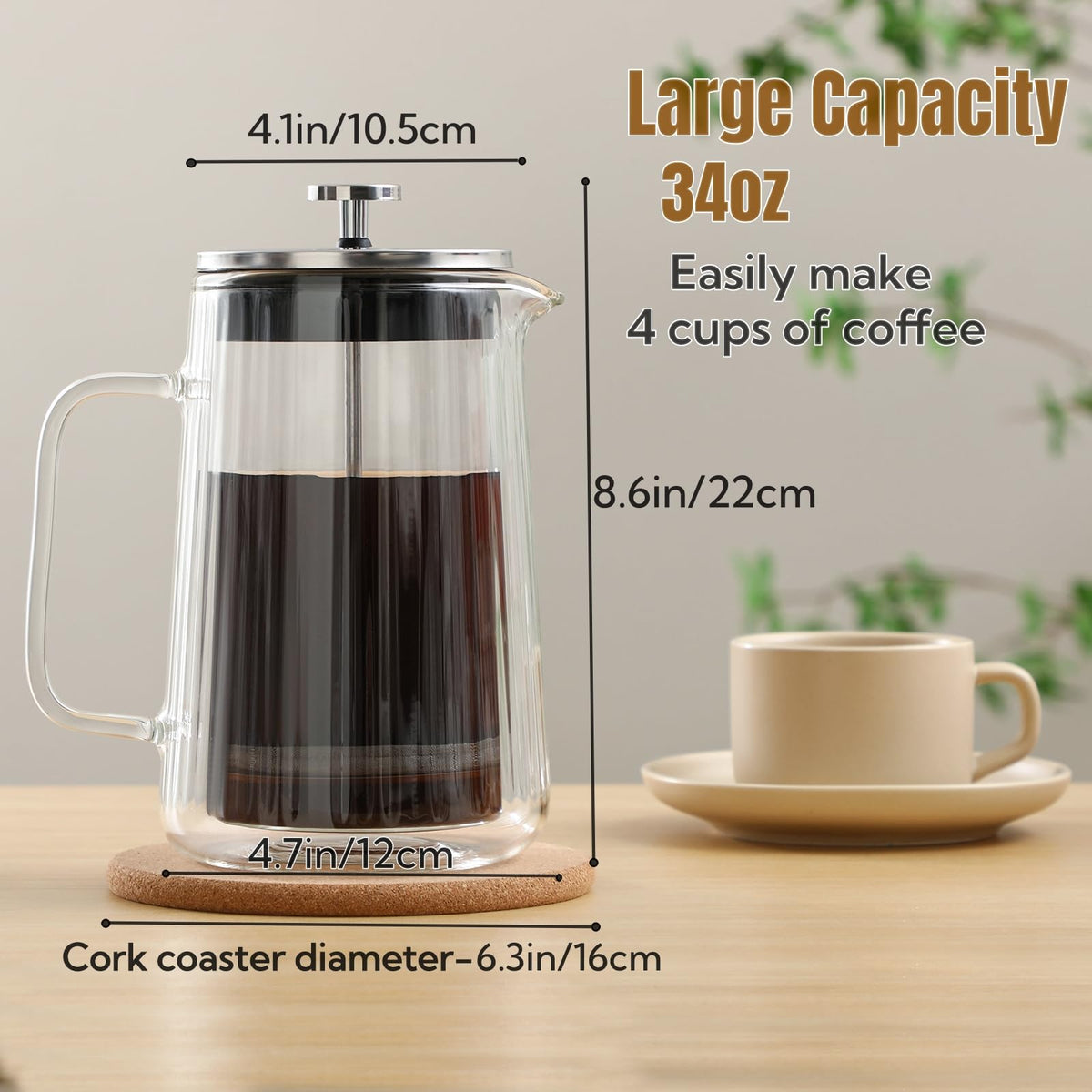 34oz Double Wall Borosilicate Glass French Press Coffee Maker O92987