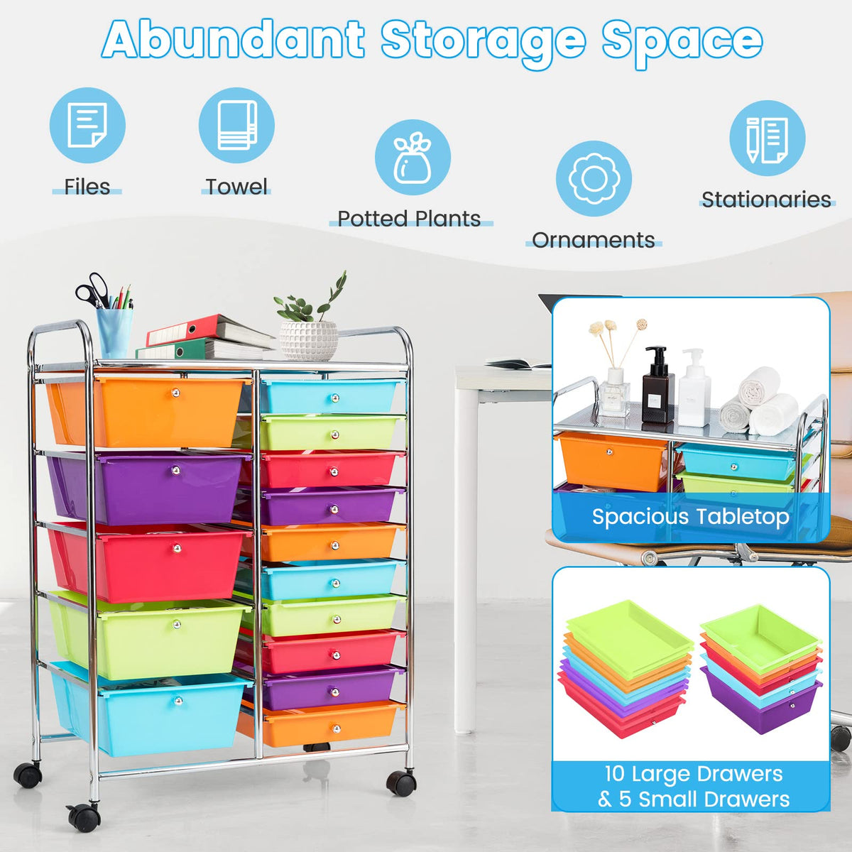15 Drawer Rolling Storage Cart with Lockable Wheels L3189