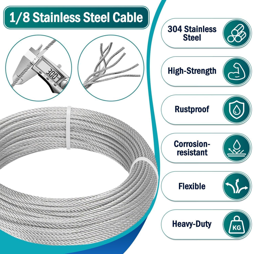 1/8 Wire Rope Kit, 100ft Stainless Steel Cable with Crimping Tool & Cutter V9174