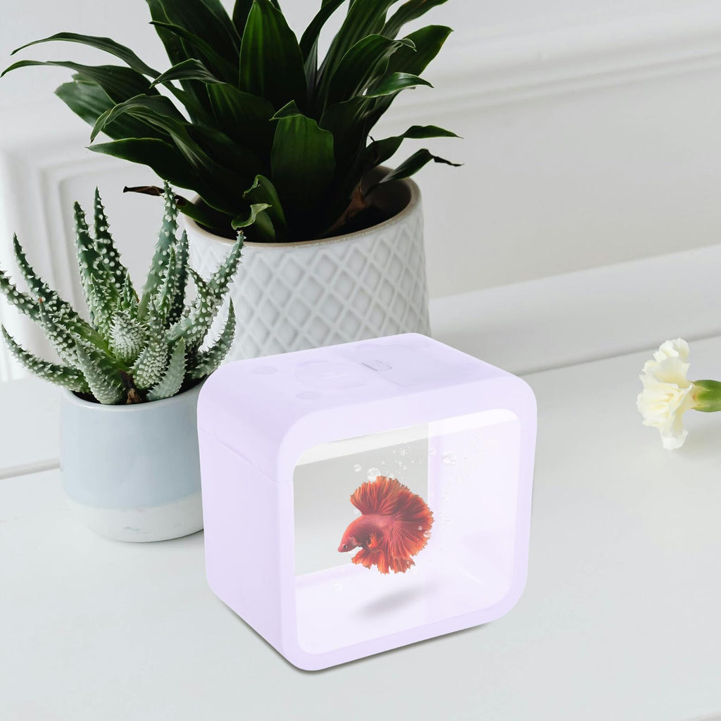 Mini Betta Fish Tank with LED Light Portable Plastic Desktop Aquarium Cube A266200