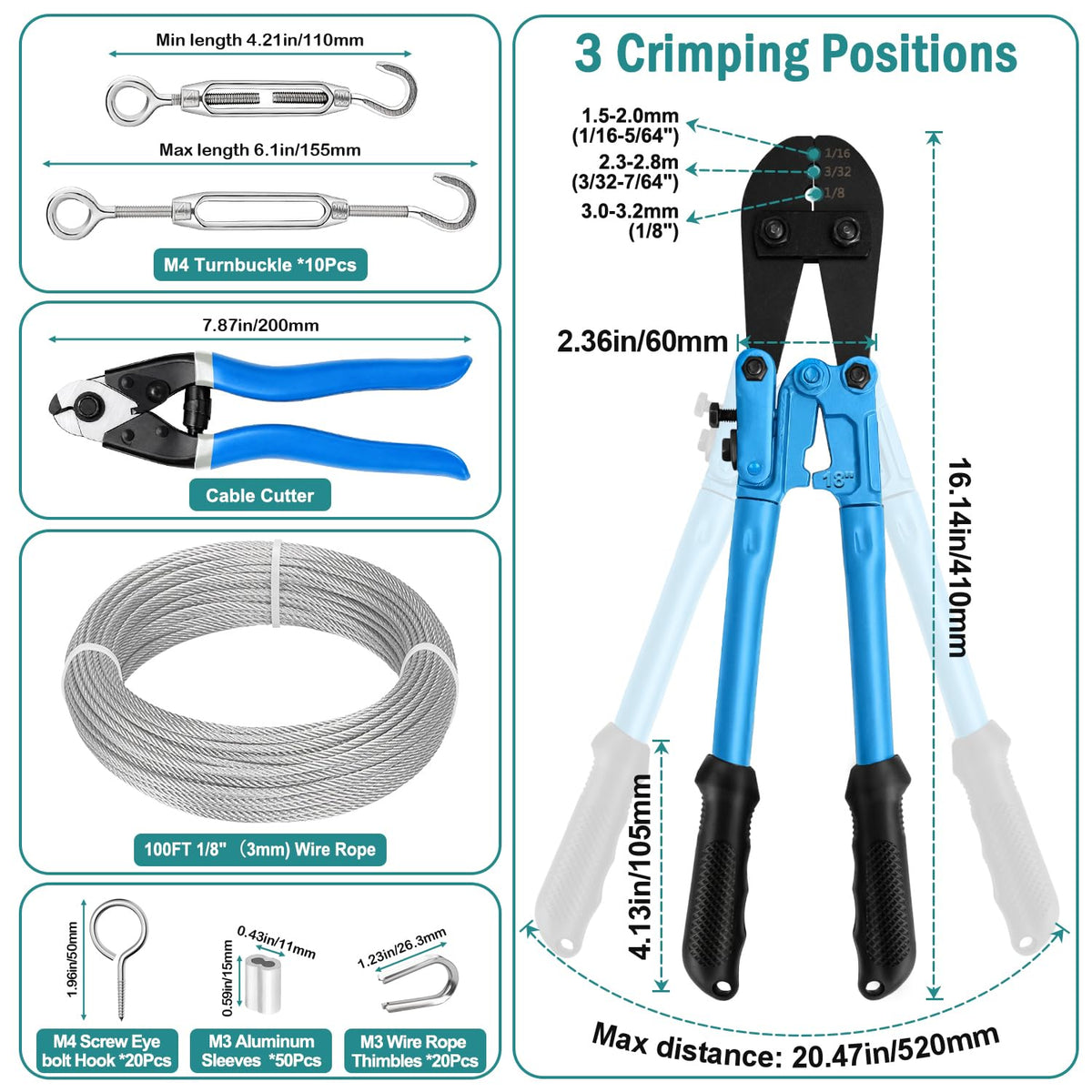 1/8 Wire Rope Kit, 100ft Stainless Steel Cable with Crimping Tool & Cutter V9174