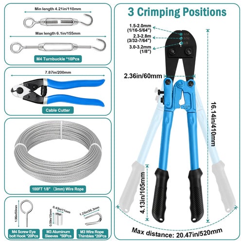 1/8 Wire Rope Kit, 100ft Stainless Steel Cable with Crimping Tool & Cutter V9174