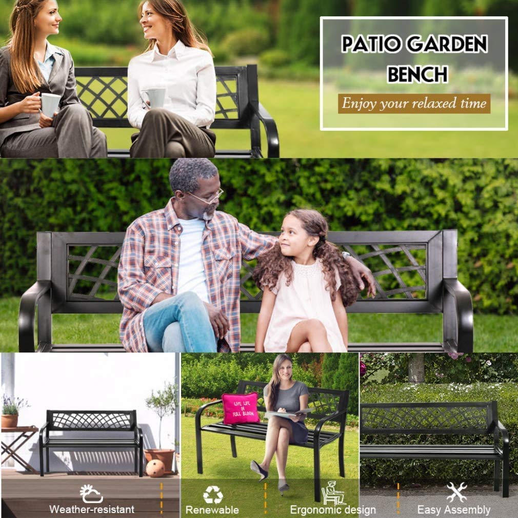 Black Metal Outdoor Patio Bench with Armrests X349298