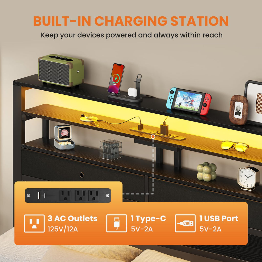 Queen Bed Frame with LED Lights and Charging Station M209