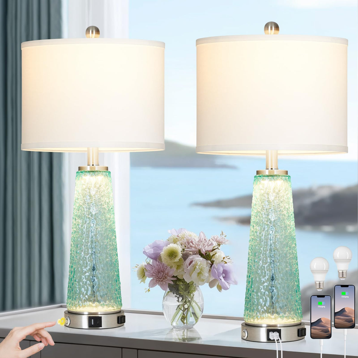 26" Glass Table Lamps with USB A+C Ports & Outlet V754454