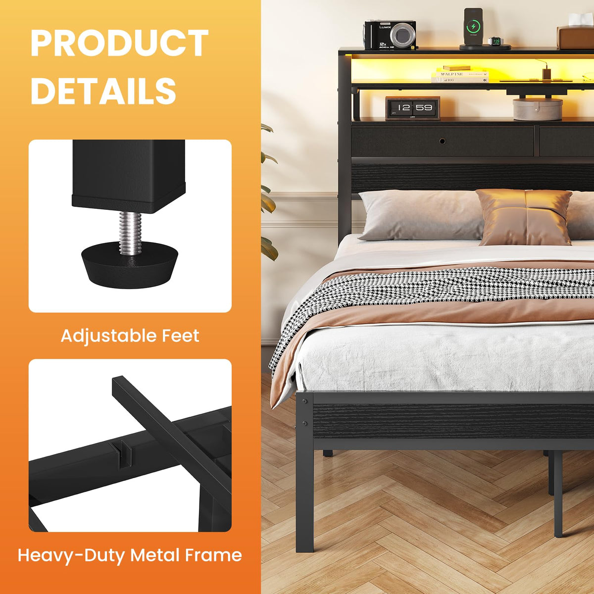 Queen Bed Frame with LED Lights and Charging Station M209