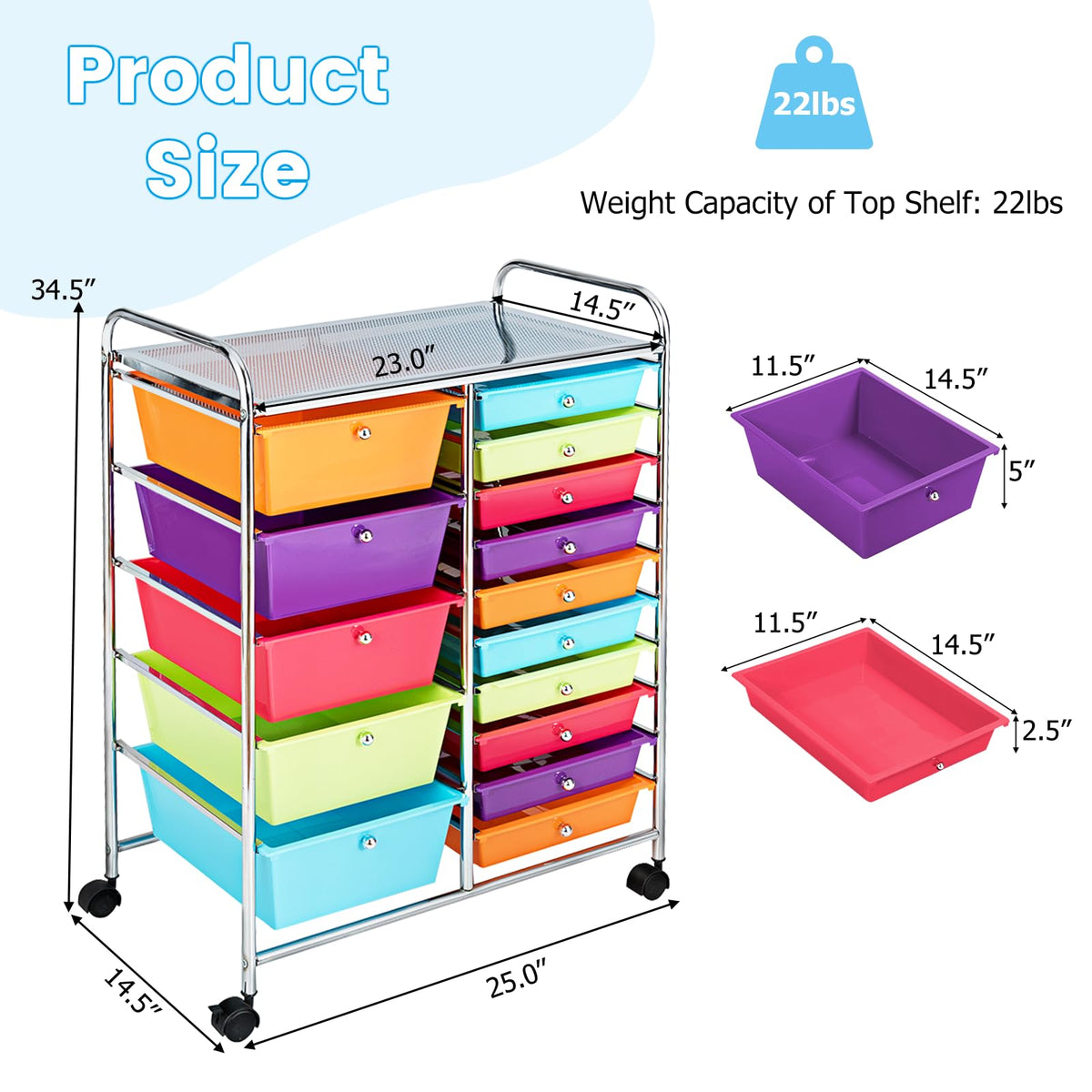 15 Drawer Rolling Storage Cart with Lockable Wheels L3189