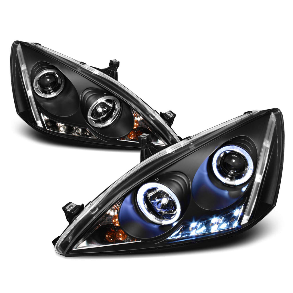 Black Bezel Dual Ring DRL LED Projector Headlights Pair D70848