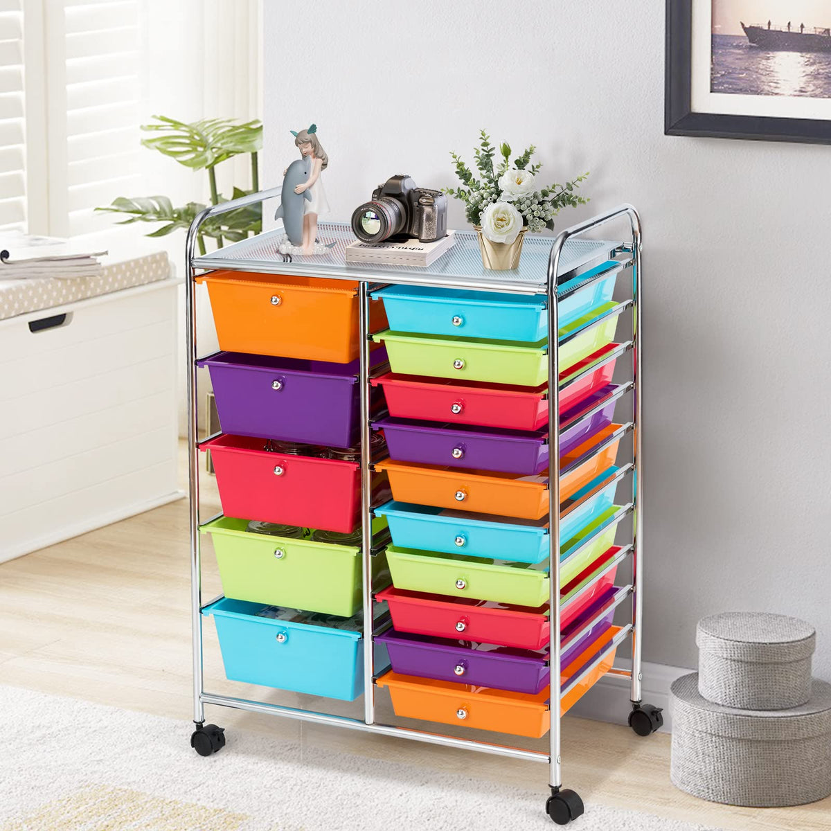 15 Drawer Rolling Storage Cart with Lockable Wheels L3189