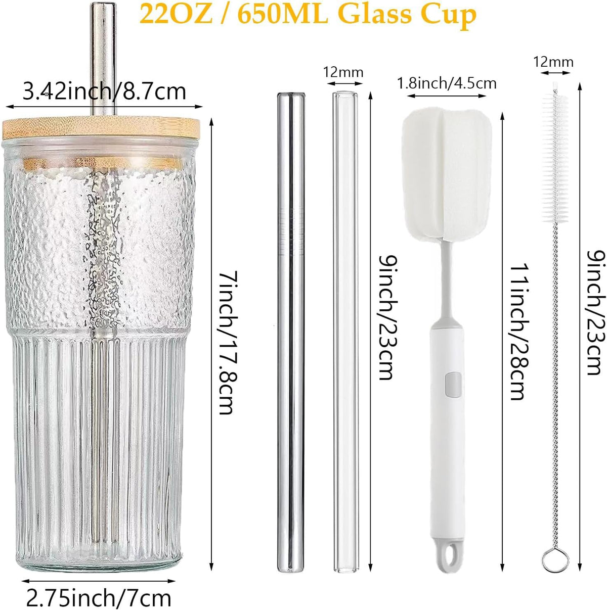 22oz Glass Cups Set with Bamboo Lids and Straws U15161