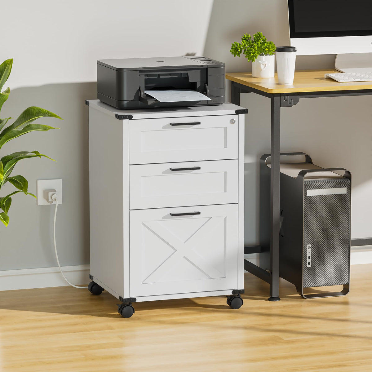 Small Wood File Cabinet with Charging Station and Lock, 3 Drawers X323