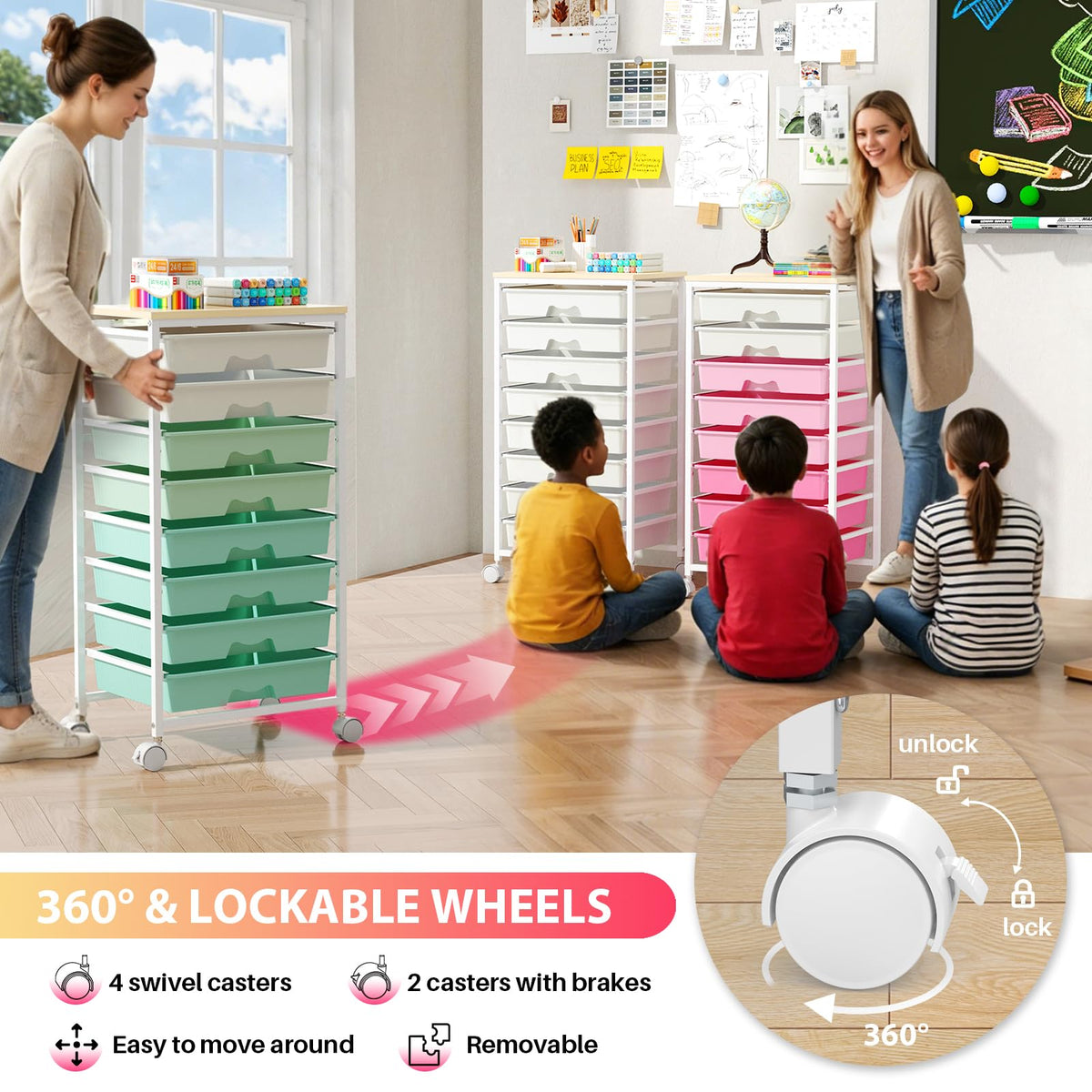 Green Rolling Cart with 8 Drawers H18347