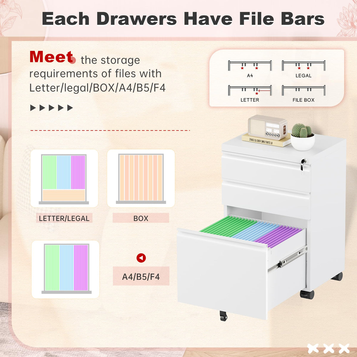 White 3 Drawer Metal Rolling File Cabinet T826315