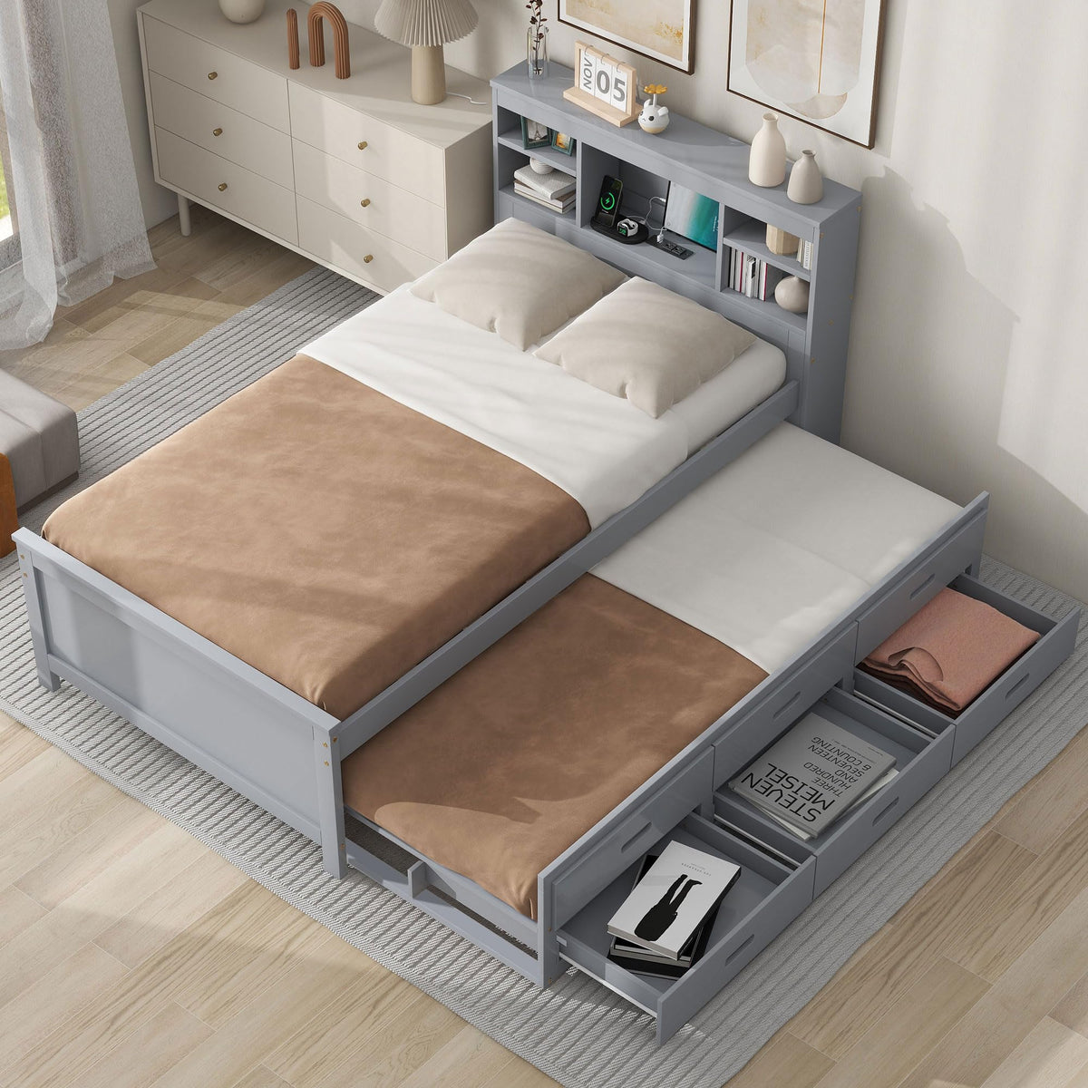 Twin Size Wood Platform Bed with Trundle and 3 Drawers R654