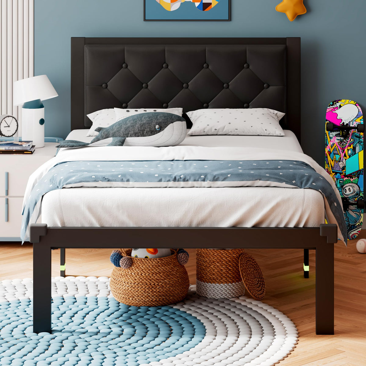 Twin Size Black Metal Platform Bed Frame with Faux Leather Button Tufted Headboard Y714