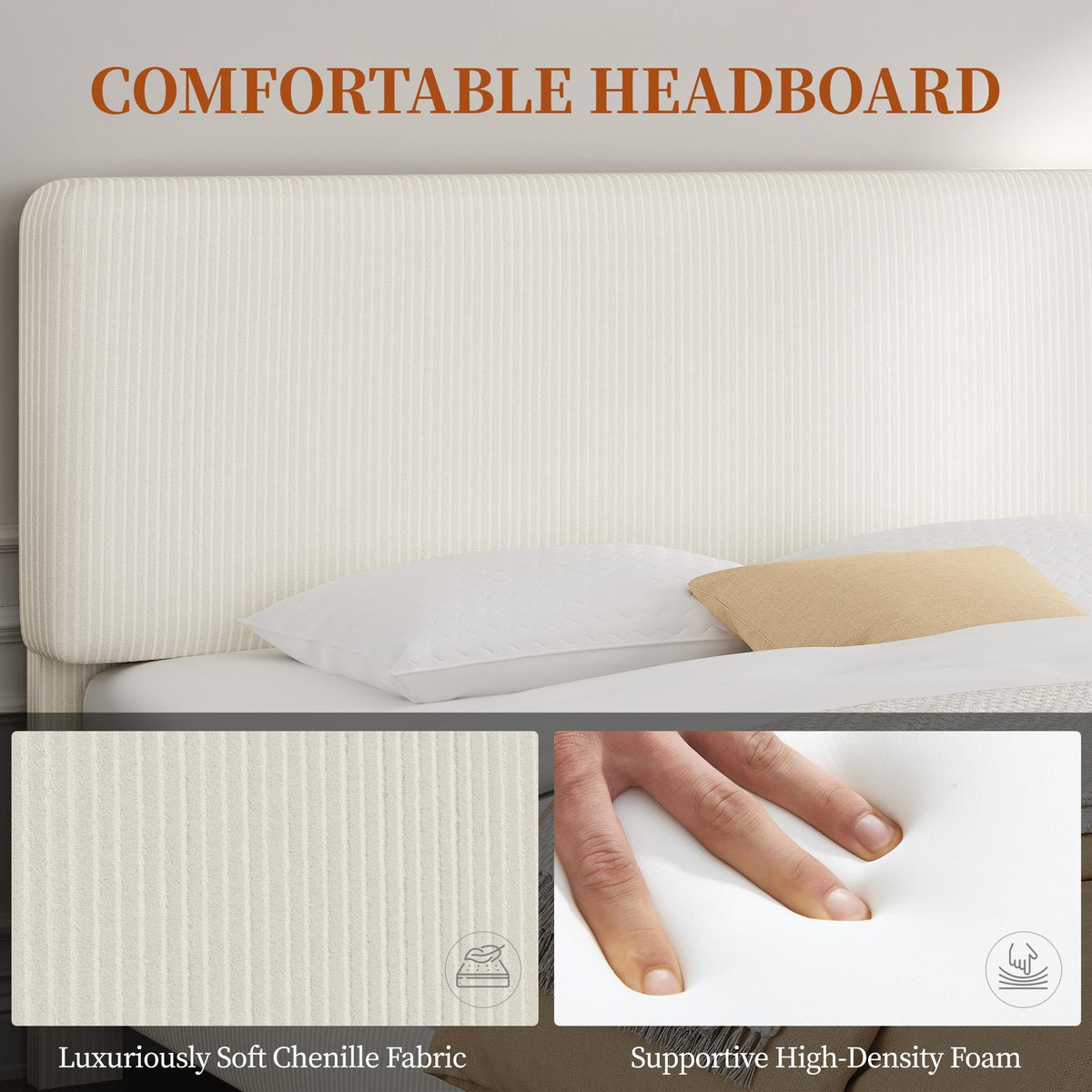 Twin Bed Frame with Adjustable Chenille Upholstered Headboard, Beige K6410