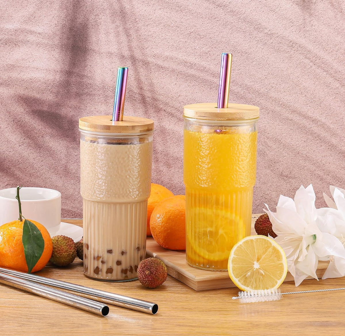 22oz Glass Cups Set with Bamboo Lids and Straws U15161