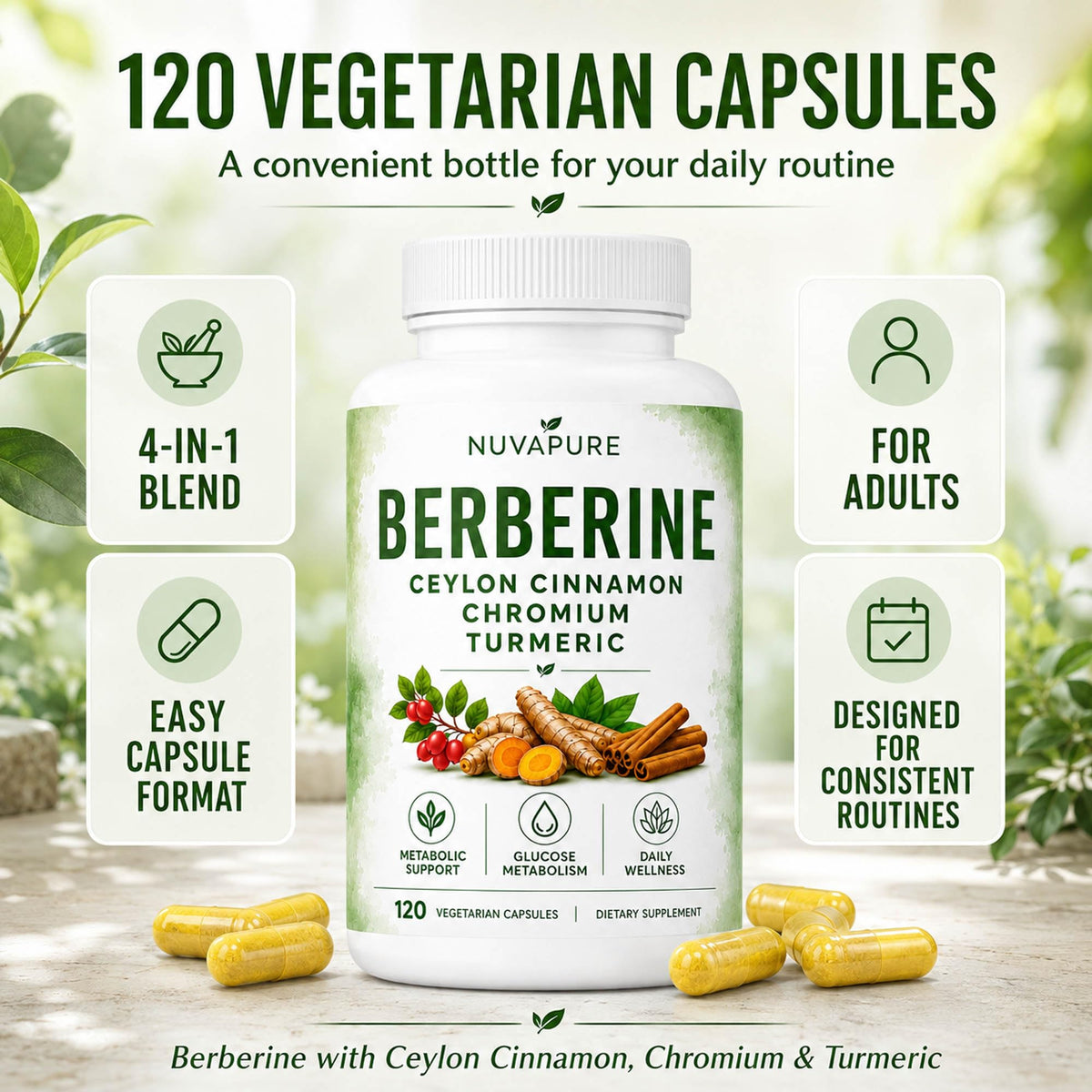 Berberine with Ceylon Cinnamon, Chromium & Turmeric, 120 Vegetarian Capsules A3167