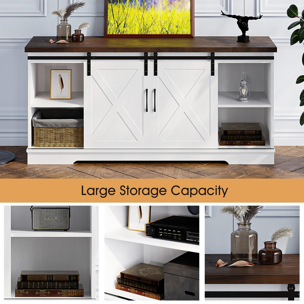 White Wood TV Stand with Sliding Barn Doors L507