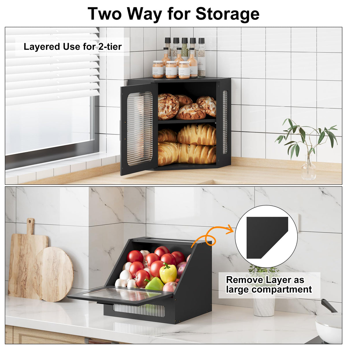 Large Black Wooden Bread Box with Acrylic Window G328