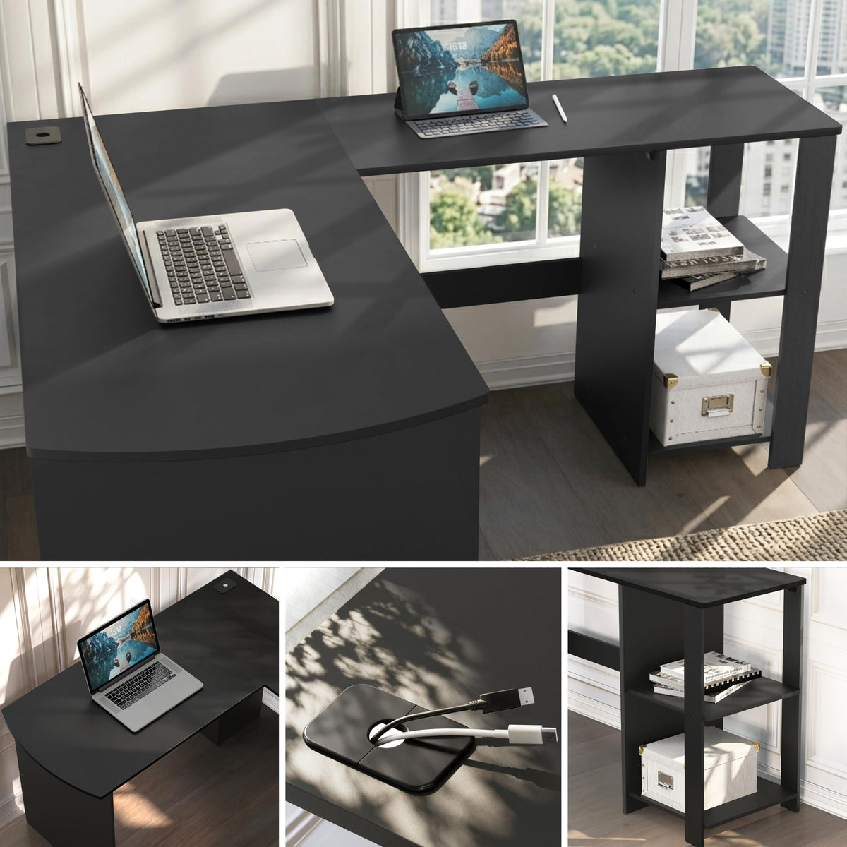 Black L-Shaped Wood Corner Desk with Storage K69805