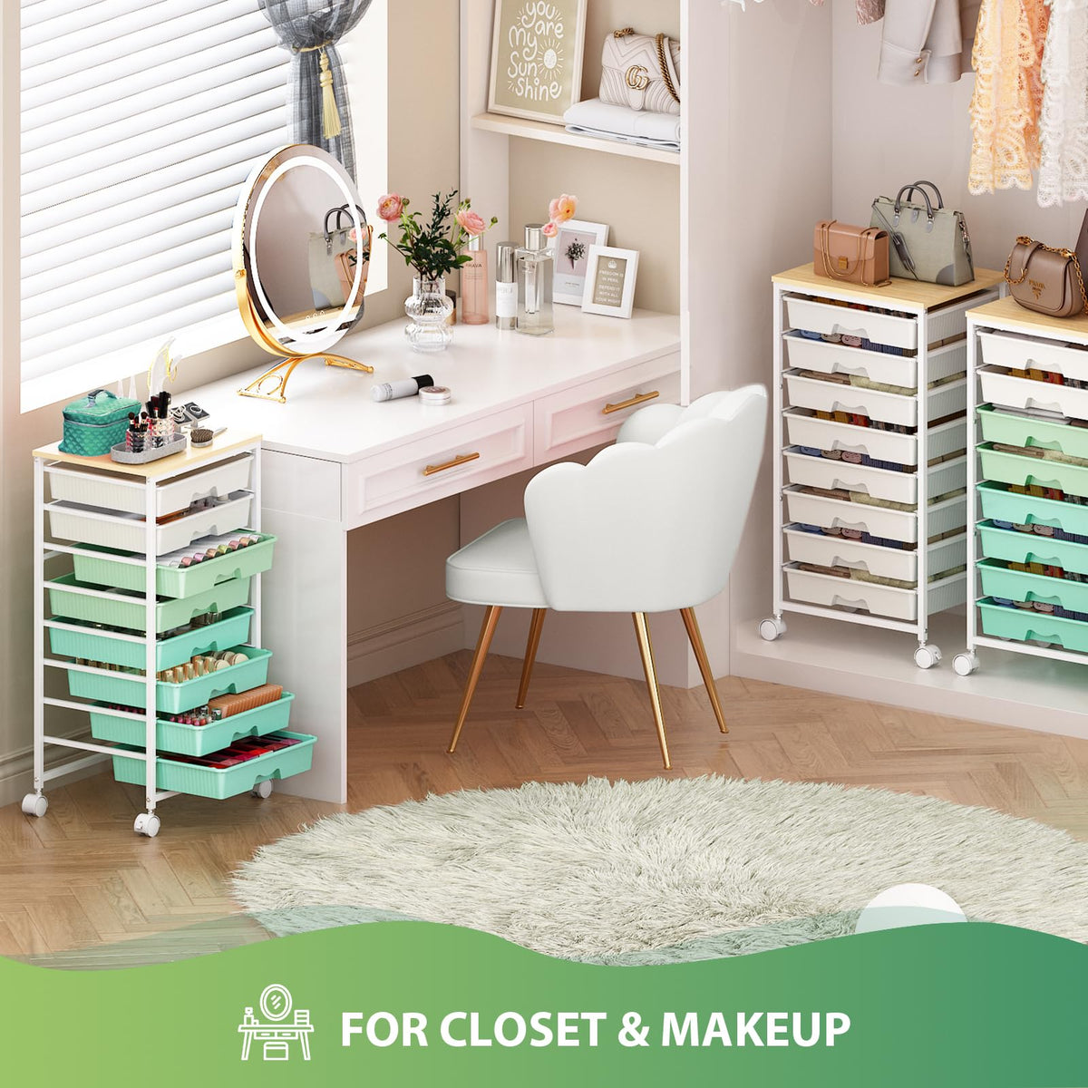 Green Rolling Cart with 8 Drawers H18347