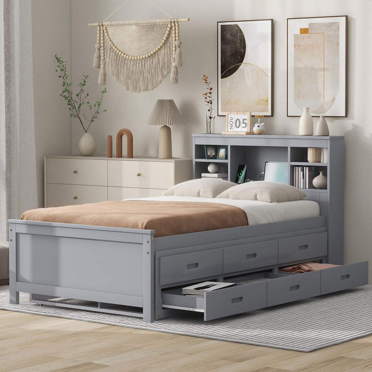Twin Size Wood Platform Bed with Trundle and 3 Drawers R654