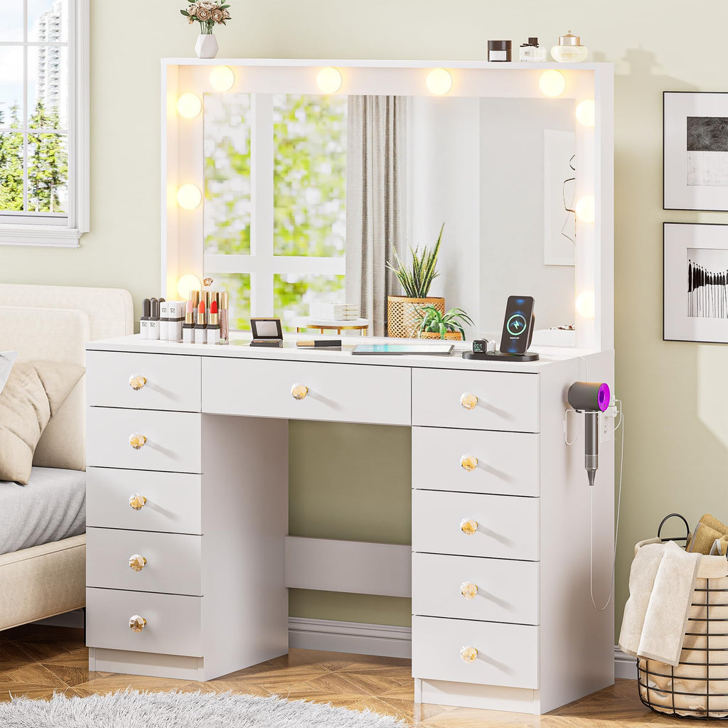 White Vanity Desk with Mirror 10 LED Lights 11 Drawers Z7619