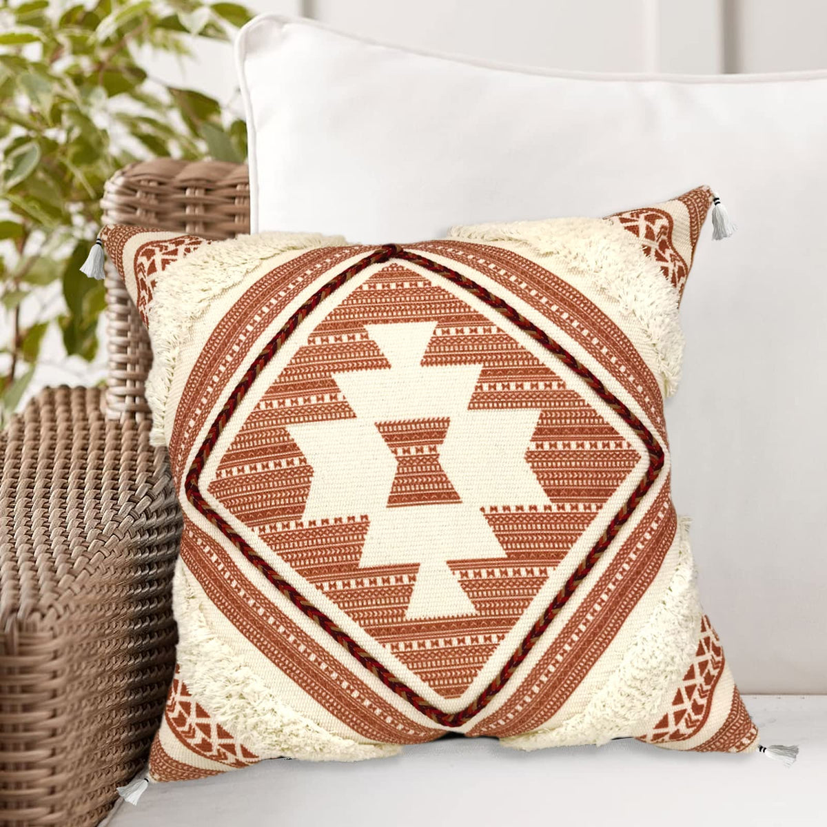 Boho Decorative Throw Pillow Cover with Tassels Fringe 18''x18'' B8706