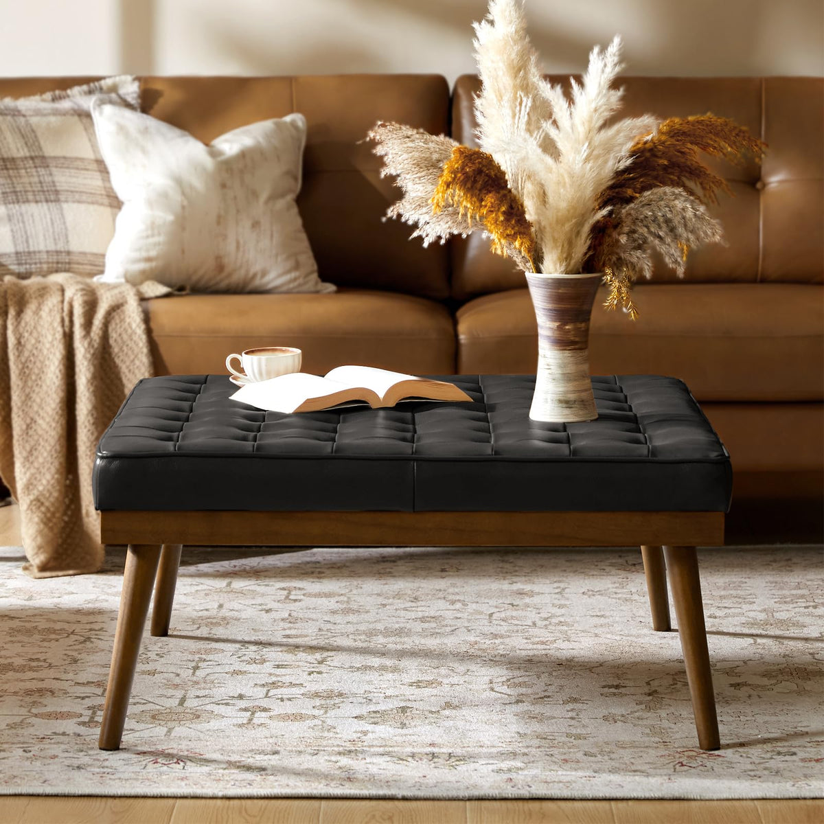 36" Genuine Leather Square Tufted Ottoman J7876