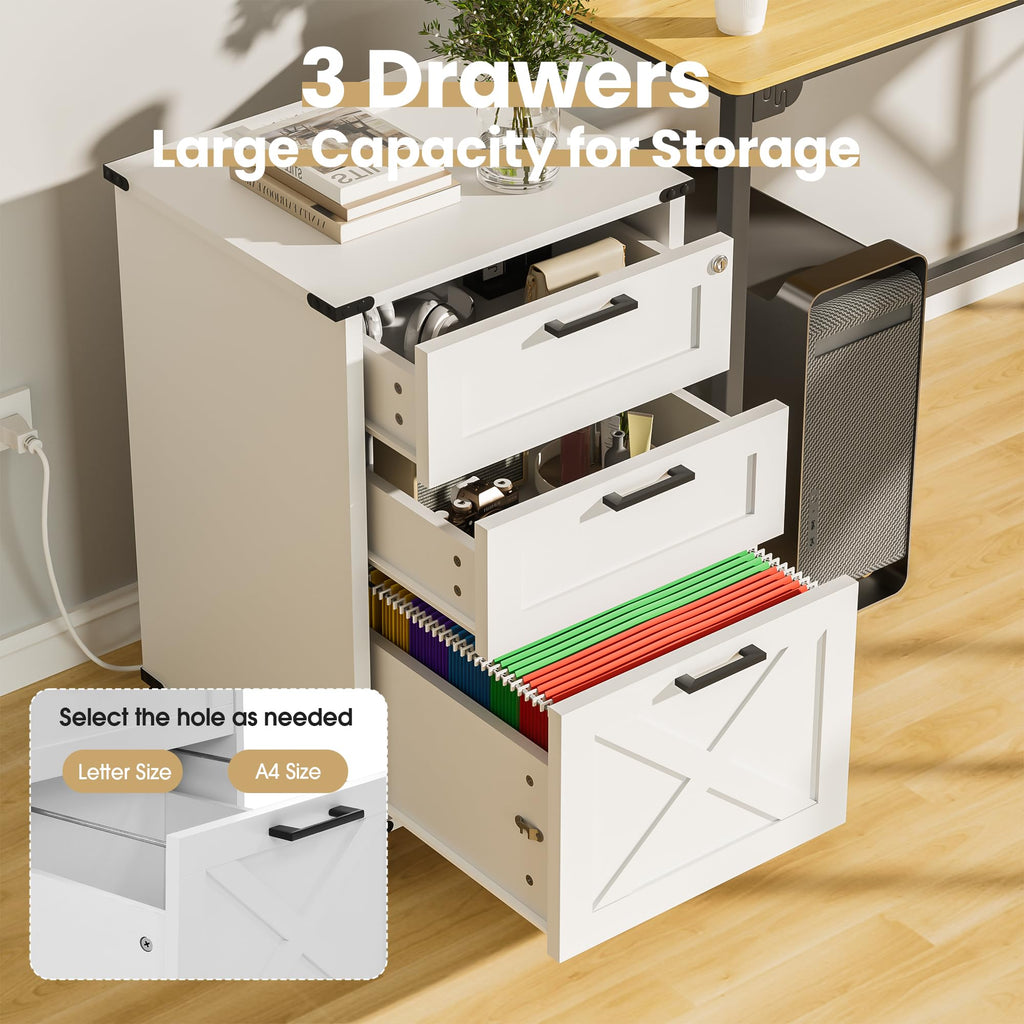 Small Wood File Cabinet with Charging Station and Lock, 3 Drawers X323