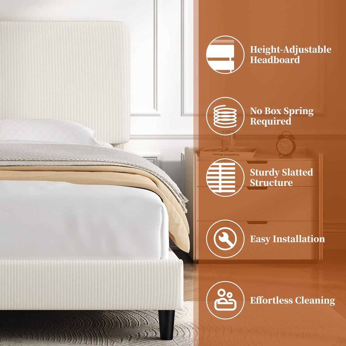 Twin Bed Frame with Adjustable Chenille Upholstered Headboard, Beige K6410