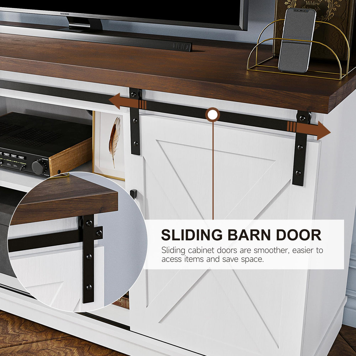 White Wood TV Stand with Sliding Barn Doors L507