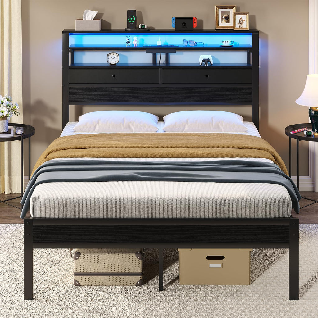 Queen Bed Frame with LED Lights and Charging Station M209