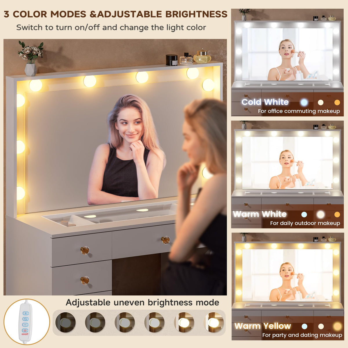 White Vanity Desk with Mirror 10 LED Lights 11 Drawers Z7619